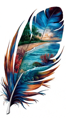 a colorful feather with a painting of a beach inside