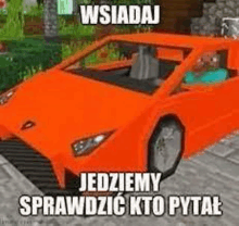 an orange car is parked on the side of the road in a minecraft video game .