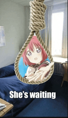 a picture of a girl hanging from a rope with the words she 's waiting below it