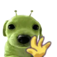 a green dog with antennas on its head and a yellow hand behind it .