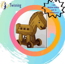 a cartoon drawing of a trojan horse with the words i am trojan horse live in canakkale below it