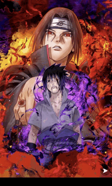 a painting of itachi and sasuke with purple flames surrounding them