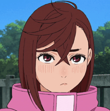 a close up of a girl with brown hair and red eyes