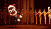 a cartoon character is dancing on a stage with a microphone in front of a group of wooden dolls .