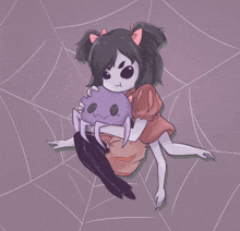 a girl is sitting on a spider web holding a purple spider .