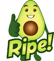 a cartoon avocado giving a thumbs up with the word ripe behind it