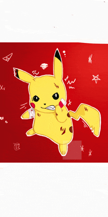 a drawing of a yellow pikachu with a bandage on his arm