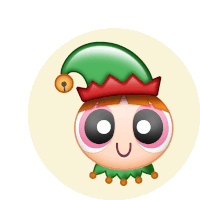 a cartoon character is wearing a green elf hat with a bell on it