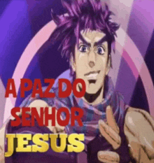 a man with purple hair is standing in front of a purple background with the words apaz do senhor jesus on it .