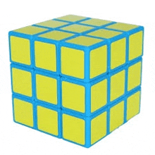 a blue and yellow rubik 's cube on a white surface