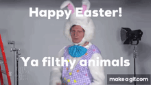 a man in a bunny costume says happy easter
