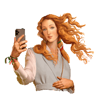 a painting of a woman taking a picture with her phone