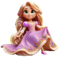 a rapunzel doll is wearing a purple dress with flowers and the letters ac on it