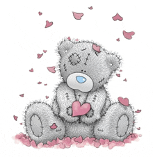 a teddy bear is holding a pink heart in his paws