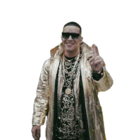 a man wearing a gold coat and sunglasses is giving the peace sign