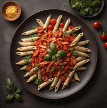 a black plate topped with pasta and tomatoes