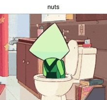 a cartoon character is sitting on a toilet with the word nuts written above him