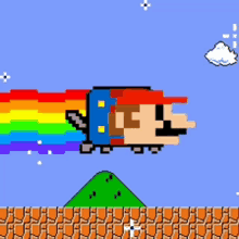 a pixel art of mario flying through the air with a rainbow tail