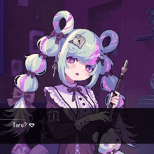 a pixel art drawing of a girl holding a cane with the words toru written below her