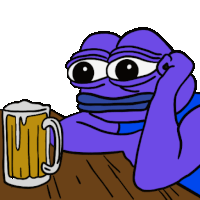 a purple frog is sitting at a table with a mug of beer in front of him