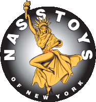 a logo for nas toys of new york with a statue of liberty in the center