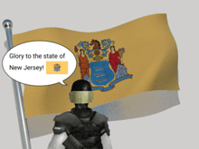 a man stands in front of a flag that says glory to the state of new jersey