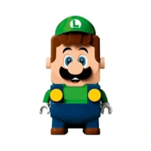 a lego mario figure with a green hat and mustache is standing on a white background .