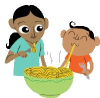 a woman and child are eating noodles with chopsticks