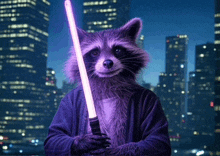 a raccoon holding a purple light saber in front of a city