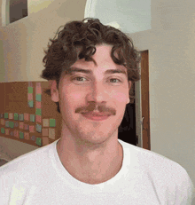 a man with curly hair and a mustache is wearing a white t-shirt