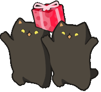 two black cats are holding a red gift box