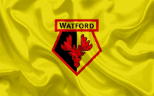 a yellow flag with a red moose and the word watford