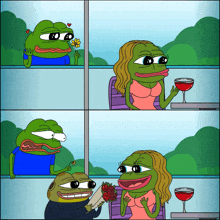 a cartoon of two frogs sitting at a table with a glass of wine