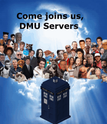 a poster that says come joins us dmu servers with a police box in the foreground