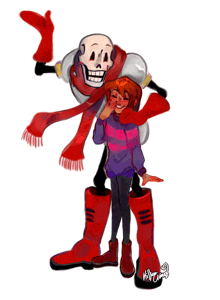 a drawing of a girl standing next to a skeleton with a scarf