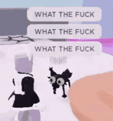 a cartoon cat is standing next to a person and says what the fuck what the fuck what the fuck
