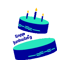 a blue birthday cake with three candles and the words snpre hunhuun g below it