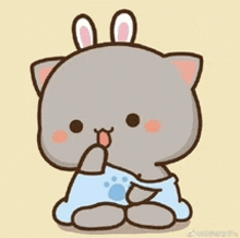 a cartoon cat with bunny ears is wearing a blue shirt and covering its mouth with its hand .