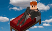 a pixel art of a person laying on a bed with a cloudy sky in the background