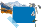 a blue square with flowers and mountains on it