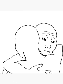 a black and white drawing of a man hugging another man with a sad face .