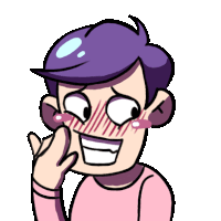 a cartoon drawing of a boy with purple hair and a pink shirt