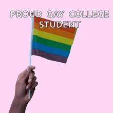 a hand is holding a small rainbow flag with the words proud gay college student written above it