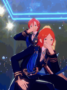 a couple of anime characters covering their faces with their hands