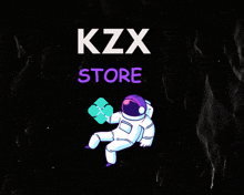 a poster for kzx store with an astronaut holding a green object