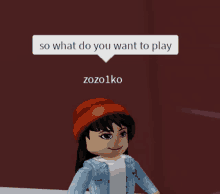 a girl with a red hat and a speech bubble saying so what do you want to play zozo1ko