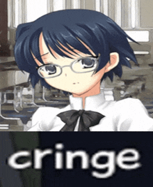 a picture of a girl with glasses and the word cringe in the corner