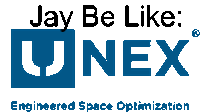 a blue and white logo that says jay be like unex engineered space optimization