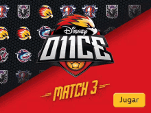 a poster for disney dice match 3 with a yellow button to play