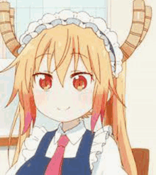 a girl with horns is sitting in a chair wearing a maid outfit and tie .